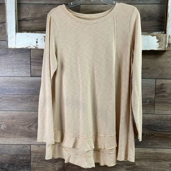 SOFT SURROUNDINGS CORA PIMA TEE Long Sleeve Layered Top Tan White Striped Sz Med - Picture 3 of 8